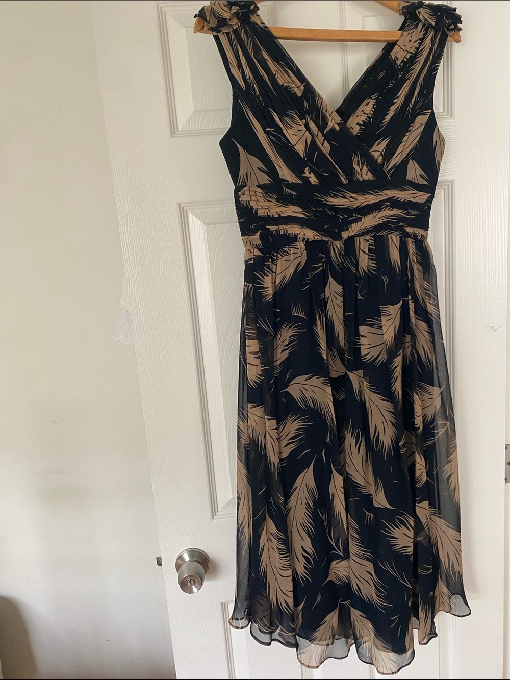 V-Neck Black Midi Dress with Tan Feather Print